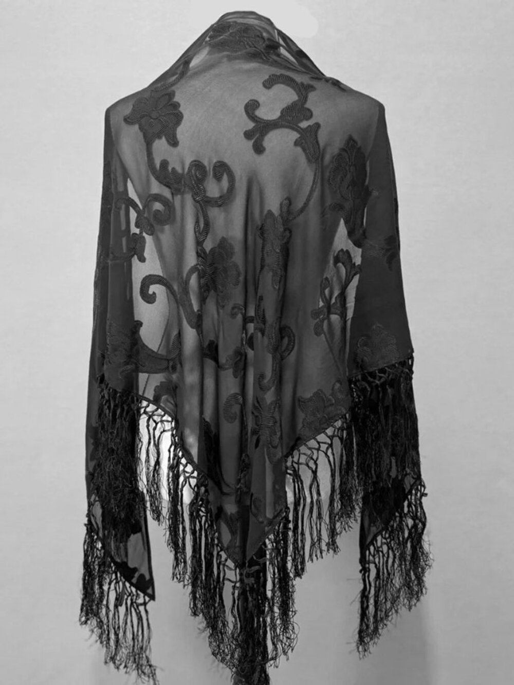 Ralph Lauren Silk Piano Shawl Flamenco Black Sheer Etched Fringe Wrap